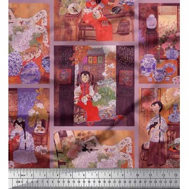 Soimoi Orange Silk Fabric Flower Vase,Cat & Girl Patchwork Print Fabric by The Yard 42 Inch Wide