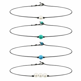 4 PCS Single Lava Gemstone Blue Turquoise Choker Pearl Leather Choker Necklace Unique Delicate Jewelry Accessories