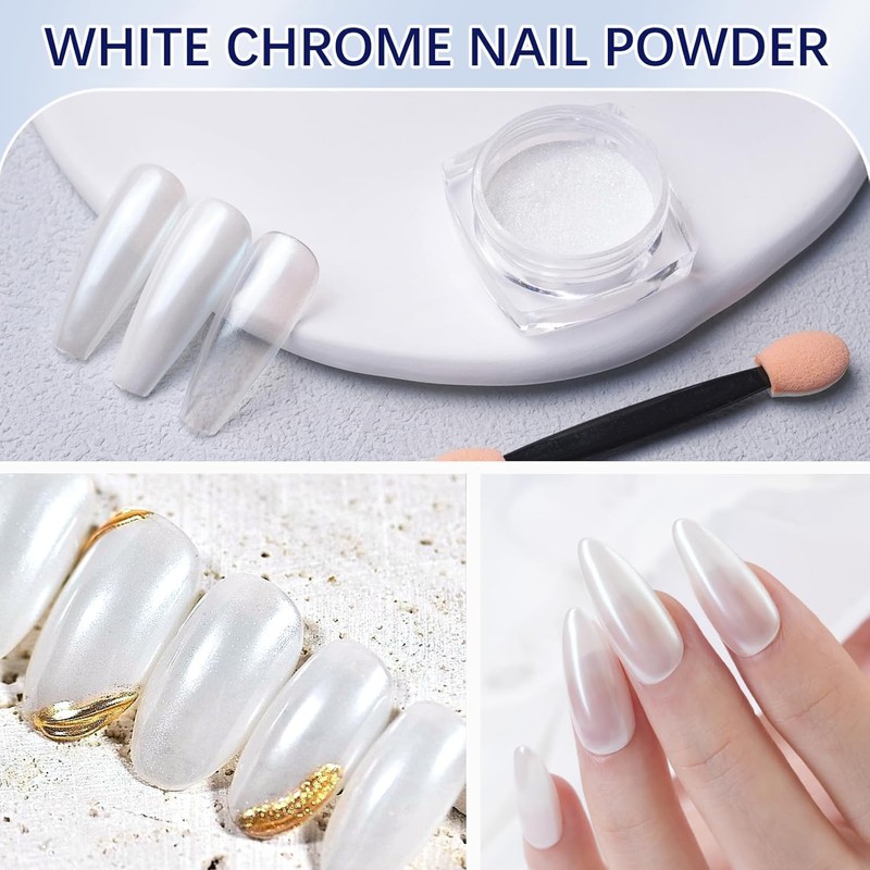 Pretty Diva White Pearl Chrome Nail Powder, Pearl Chrome Powder