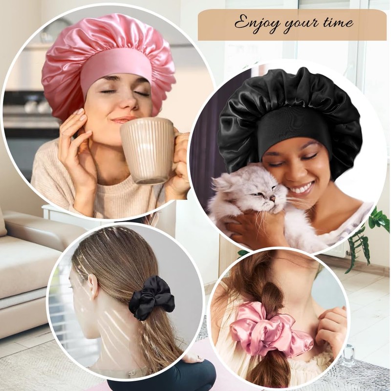 3+3 Large Satin Bonnets with Scrunchies for Women, Wide Band