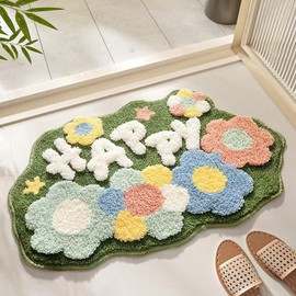 Ankah Shower Rug Bath Mat Forest Series Cartoon Design Bathroom Rug, Fluffy, Soft, Non-Slip, Durable, Absorbent Bath Rug, Irregular Plant Shaped Door Mat and Carpet, 45x75cm,Happy
