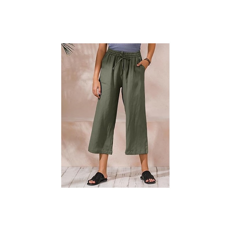 ECUPPER Women's Linen Blend Cropped/Capri Pants Wide Leg Casual Elastic
