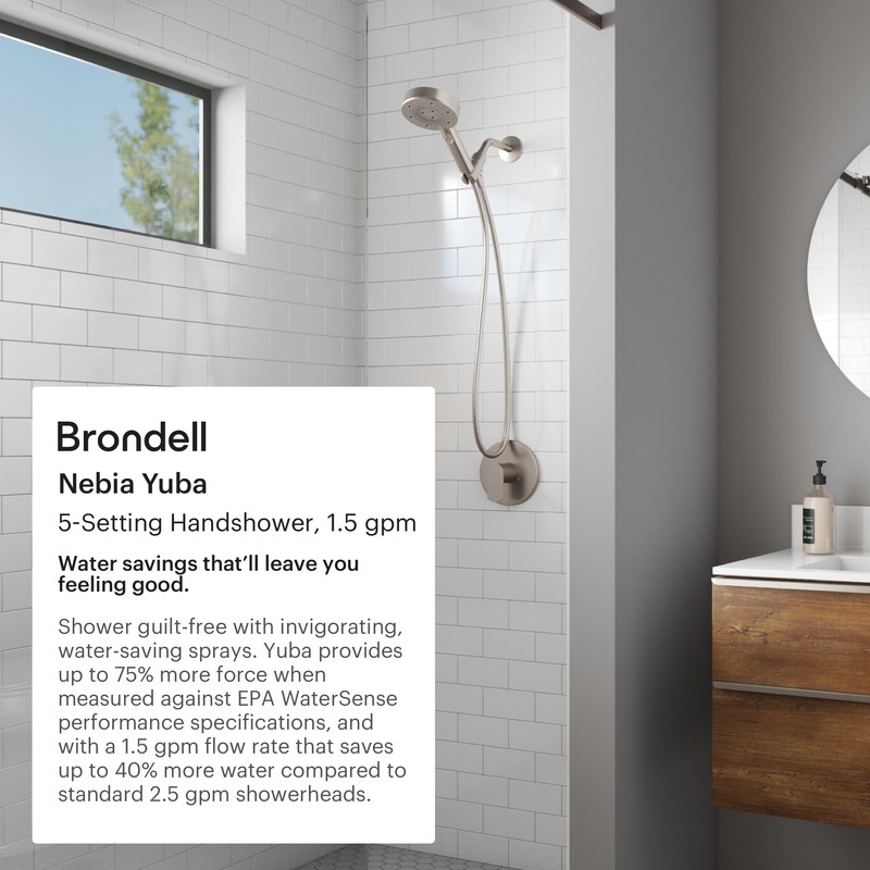 Brondell Nebia Yuba HandHeld Shower Head, 60" Stainless Steel Hose,