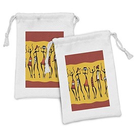 Lunarable Tribal Fabric Pouch Set of 2, Female Dancers with Total Body Move Cheerful Retro, Small Drawstring Bag for Toiletries Masks and Favors, 9" x 6", Red Yellow