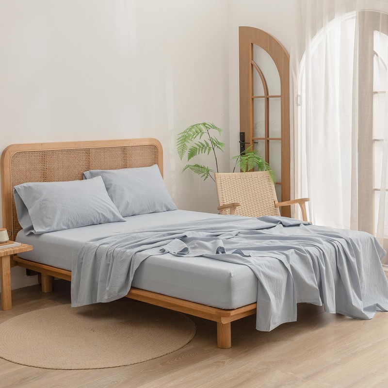 BESTOUCH Fitted Sheet Only 100% Washed Cotton Linen Feel Easily