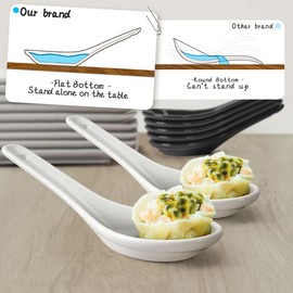 Wareland Asian Soup Spoons Set of 6, Ceramic Chinese Soup Spoons Japanese Spoon for Ramen Pho Dumpling Miso Wonton Noodles 5.5 Inch | Flat Bottom Design | White