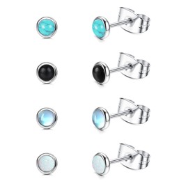 Kakonia 4 Pairs Stainless Steel Stud Earrings for Women Men Hypoallergenic Round Gemstone Earring Set White Blue Opal Earrings Turquoise Earrings Moonstone Earrings Black Onyx Earrings Set 4MM/6MM