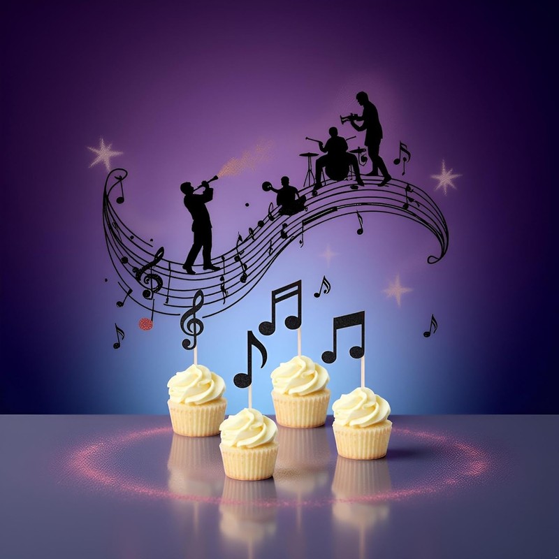 36pcs Musical Notes Cupcake Toppers，Black Glitter Note Cupcake Picks For