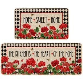 Baccessor Spring Summer Kitchen Rug Mats Set of 2,Geranium Bee Red Flowers Floral Kitchen Mat Non Slip Drying Washable Kitchen Sink Floor Mat Farmhouse Home Decoration 17x29 and 17x47 Inch