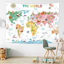 Riyidecor Kids Map Tapestry 59Wx51H Inch World Cartoon Animal Cute Educational Geography Learning Tools Colorful Continents Wildlife Wall Hanging for Boys Girls Home Dorm Decor Art Living Room Bedroom