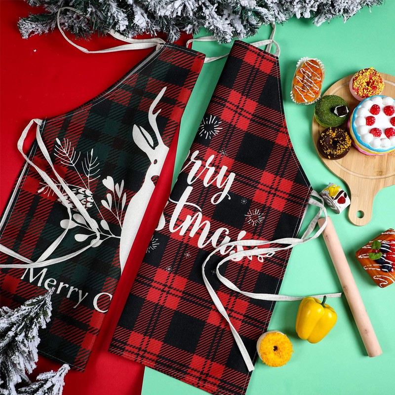 Geyoga 2 Pieces Christmas Aprons for Women Buffalo Plaid Check