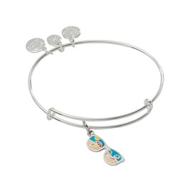 Alex and Ani Color Infusion Sunglasses Expandable Wire Bangle, Shiny Silver Finish, Green Charm, 2 inches to 3.5 inches