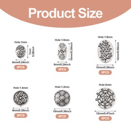 Pandahall 48Pcs Antique Silver Spacer Bead Tibetan Style Flower Spacer Beads 6 Style Alloy Rondelle Flat Round Oval Loose Bead Metal Spacer Beads for Bracelet Necklace Earring Jewelry Making