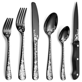 48-Piece Black Silverware Set with Steak Knife, Stainless Steel Flatware Cutlery Set Service for 8, Mirror Polished Tableware Eating Utensils Set for Home Kitchen, Dishwasher Safe