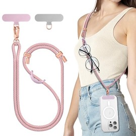 SURPHY Phone Lanyard Crossbody, Cordón ajustable para teléfono móvil con 2 lengüetas de sujeción para teléfono, correa trenzada bicolor para teléfono con mosquetón (Rosado & Púrpura)