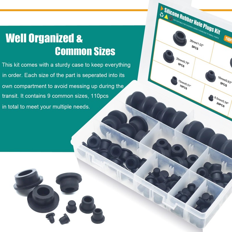 110PCS Silicone Rubber Plugs for Round Holes Assorted Sizes T-Shape