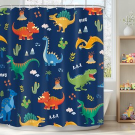 Mitpok Kids Dinosaur Shower Curtain 72Wx72H Blue Funny Dino Boys Navy Kid Cartoon Animal Cute Wildlife Lovely Fun Bathroom Decor Children Toddler Nursery Bath Curtain Fabric Polyester 12 Pack Hooks