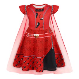Jurebecia Descendants Red Costume Rise of Red Fancy Dress with Mesh Cape Evie Dressing Up for Girls Chrismas World Book Day Red 5-6 Years