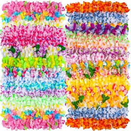 Totstio 50 Counts Hawaiian Leis Bulk for Luau Party Decorations Colorful Tropical Flower Leis for Adults Hawaiian Beach Luau Party Favors Decorations