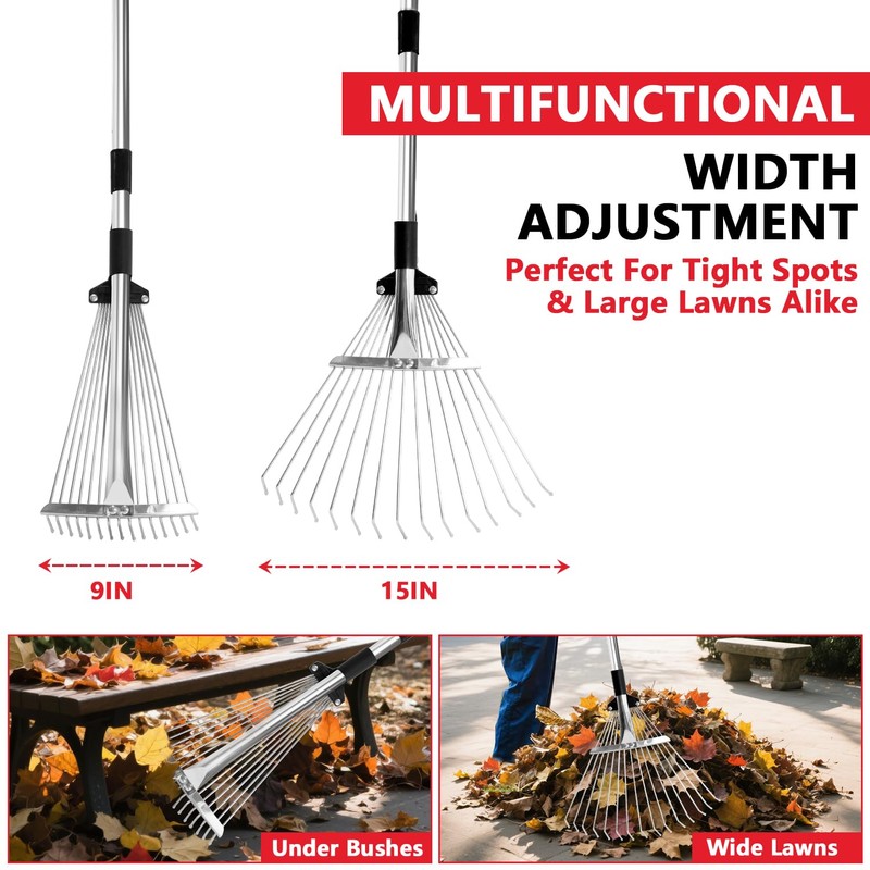 Leaf Rake Adjustable 23" to 75" - Stainless stelel Rake