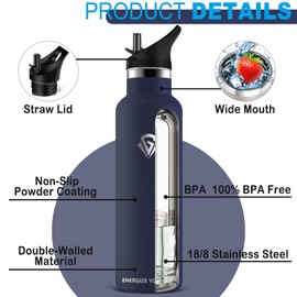 Grsta Trinkflasche - 1L - Trinkflasche Sport, Trinkflasche Edelstahl Auslaufsicher, Trinkflasche mit Strohhalm, Thermosflasche BPA-frei, Wasserflasche fur Sport, Fitness, Gym, Outdoor