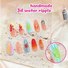 TBRZTR Press on Nails Long Length Almond Gradient False Nails 3D Flower Starfish Design Full Cover Coffin Nails Artificial Stick on Nails French Acrylic Nails DIY Glue on Nails for Women Manicure Kit