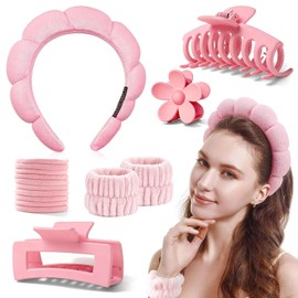 Absorbentes Diadema de Maquillaje, 16 Pcs Diademas Skincare, Lazos de Pelo de Algodón con 1 Pare Munequeras para Lavado de Cara y 3 Pinzas para El Cabello para Cuidado de La Piel y Ducha (Rosa)