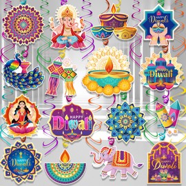 HOWAF 30 PCS Happy Diwali Hanging Swirls Diwali Hanging Streamer Decoration for Indian Festival of Lights House Decoration, Deepavali Ceiling Swirl for Indian Decorations Rangoli Decorations