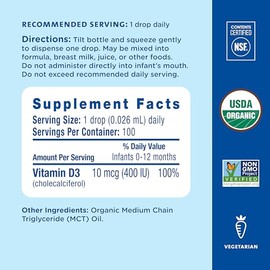 Mommy's Bliss Vitamina D en Gotas Orgánica 3.24 ml para Bebé y toda la Familia. Crecimiento. 1 Gota al Día. Producto Natural y Orgánico. Frasco fácil 