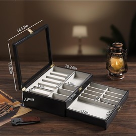 Emfogo Pocket Knife Display Case for Collection of 17-23 Folding Knives, Pocket Case with Real Glass Window Top, Two-Tier Knife Organizer Storage Box, Men's Gift