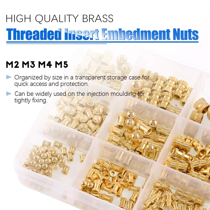 Glarks 370Pcs M2 M3 M4 M5 Female Thread Knurled Brass