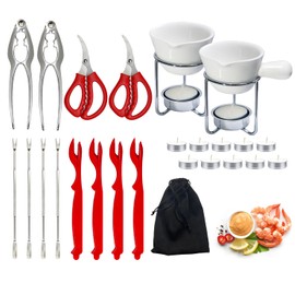 Reasim Crab Crackers and Tools Set with 2 Crab Leg Cracker,2 Butter Warmer for Seafood,4 Crab Leg Forks,4 Lobster Shellers,2 Seafood Scissors,10 Tealight Candles,1 Bag,seafood crackers and tool(25pcs)