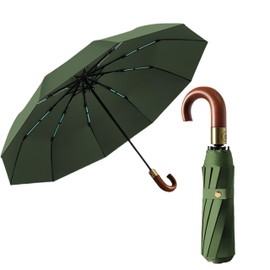 Luxury Curved Real Wood Handle Sun Protection Travel 10 Ribs with Outdoor UV Protection Folding Umbrella for Men and Women, Open and Close to Automatic, Waterproof, black