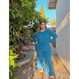 RITERA Womens Plus size 2 Piece Outfits Lounge Sets Blue Ribbed Knit Sweatsuits Long Sleeve Pajamas Casual Pullover Tops Wide Leg Pants Matching Sets with Pocket 3XL 22W 24W