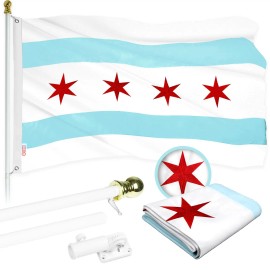 UD_G128 Flag Pole 6 FT White Tangle Free & Chicago Flag 3x5 FT Combo Embroidered 300D Polyester