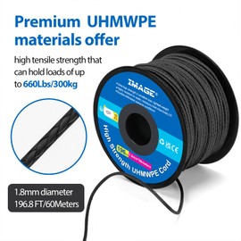 IMAGE Kevlar Cord 196ft UHMWPE Braided Throw Line Nylon Cord 1.8mm, 660LB High Strength, Low Stretch, Spliceable Arborist Rope for Tree Work, Hammock, Tarp, Tent, Camping (Black, 196ft)