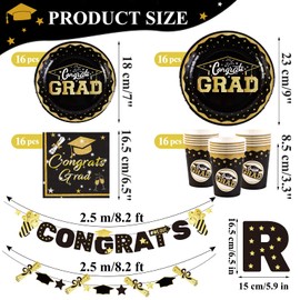 EASY JOY 70PC Graduation 2024 Decor - Black & Gold Tableware for 16 People