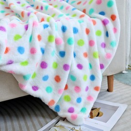 Soft Plush White Throw Blanket with Colorful Polka Dots, Luxury Faux Fur,Double Side, Multiple Colors Available,Gift for Women (Colorful, Throw(51" x 63"))