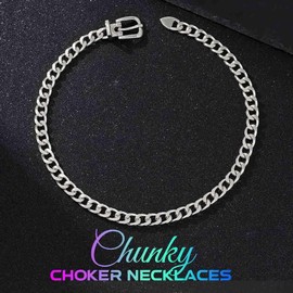 CLOACE Belt Buckle Choker Necklace Punk Cuban Chunky Choker Necklaces Thick Chain Long Necklace for Women (Silver)