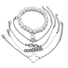 Prosy Multilayer Lucky 8 Bracelets Set Silver Pearl Fantasy Elephant Heart Marble Hand Accessories Adjustable Jewellery for Women and Girls