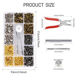 Leather Rivets Kit, 180 Pcs Leathercraft Double Cap Rivets 4 Colours Studs for Clothing 6mm 8mm 12mm Rivet with Punch Tool and Fixing Tool Rivets for Leather