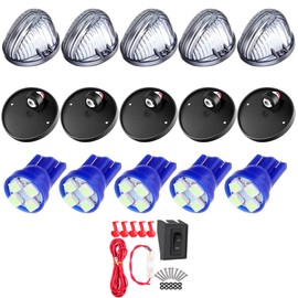 cciyu 5x Smoke Len 2005LENS-SK Round-Shape Cab Roof Marker Top Light Assembly w/Base+Wiring Pack T10 4-3528-SMD Ice Blue LED Bulbs