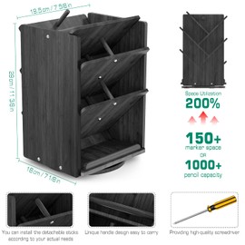 Bamboo Rotating Large Desk Organizer - Darfoo Art Supply Organizer, 13 Compartments, 1000+ Pencil Holder Capacity, Easy DIY Assembly, Spinning Desktop Organizer for Home Office Supply (Black)