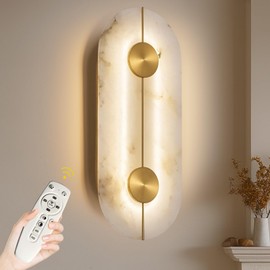 KOPCTOBL Alabaster Wall Sconce 15in Modern Spanish Natural Marble Wall Light with Remote, Dimmable Marble Indoor Wall Lamp for Living Room Bedroom Vanity Hallway Stairs