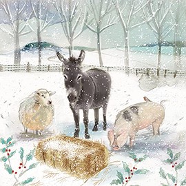 The Almanac Gallery Pack of 8 Charity Christmas Cards - 'Christmas Lunch' - Donkey, Sheep and Pig in the Snow - 8 Cards of 1 Design