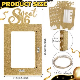 Yerliker 8 Pcs Happy Sweet 16th Birthday Photo Frame Table Centerpieces Decorations with 4 LED Mini Lights for Girls' 16th Party Supplies(Gold)
