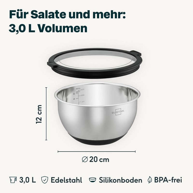 SILBERTHAL Stainless Steel Bowl with Lid - 3L Mixing Bowls