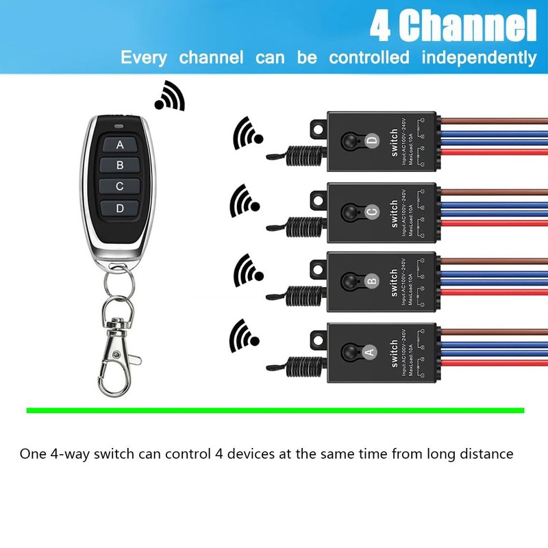 4 Way Mini Remote Control Switch,AC 110V/120V/220V/240V/10A Relay ON/Off Switch