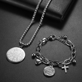 OIDEA Necklace Bracelet Set of 2, Medal Pendant Necklace Saint Benedict, Cross Medal Adjustable Bracelet, Stainless Steel, Silver, Stainless Steel