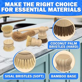 5 Pcs Bamboo Dish Brush Set – Bamboo Dish Scrubber with Soft & Stiff Non-Scratch Bristles, Ergonomic Handle, Replacement Head Included – Lightweight Kitchen Scrubber for Pots, Bottles & Vegetables